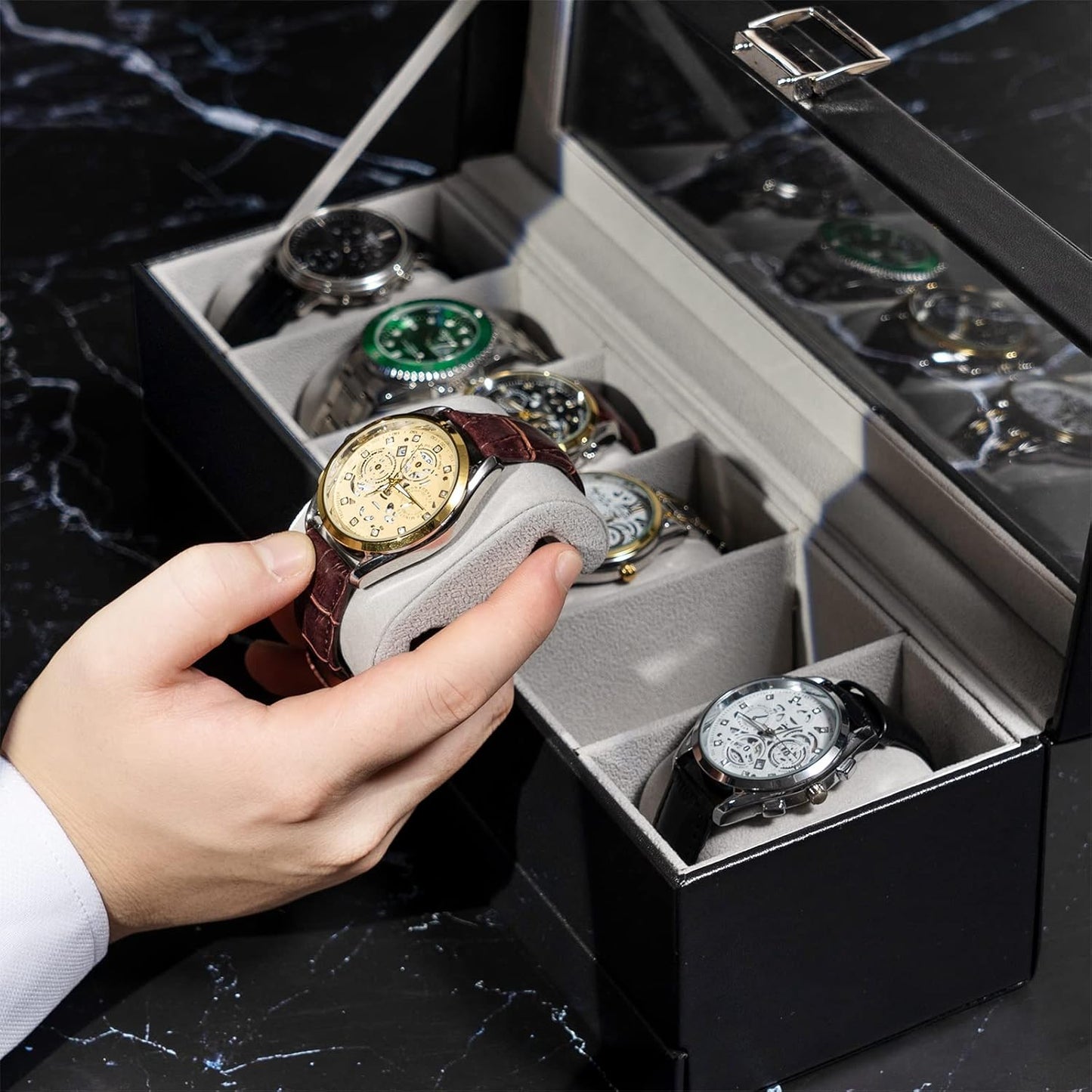 ProCase Watch Box, 6 Slot Watches Display Case with Drawer, Mens Watch