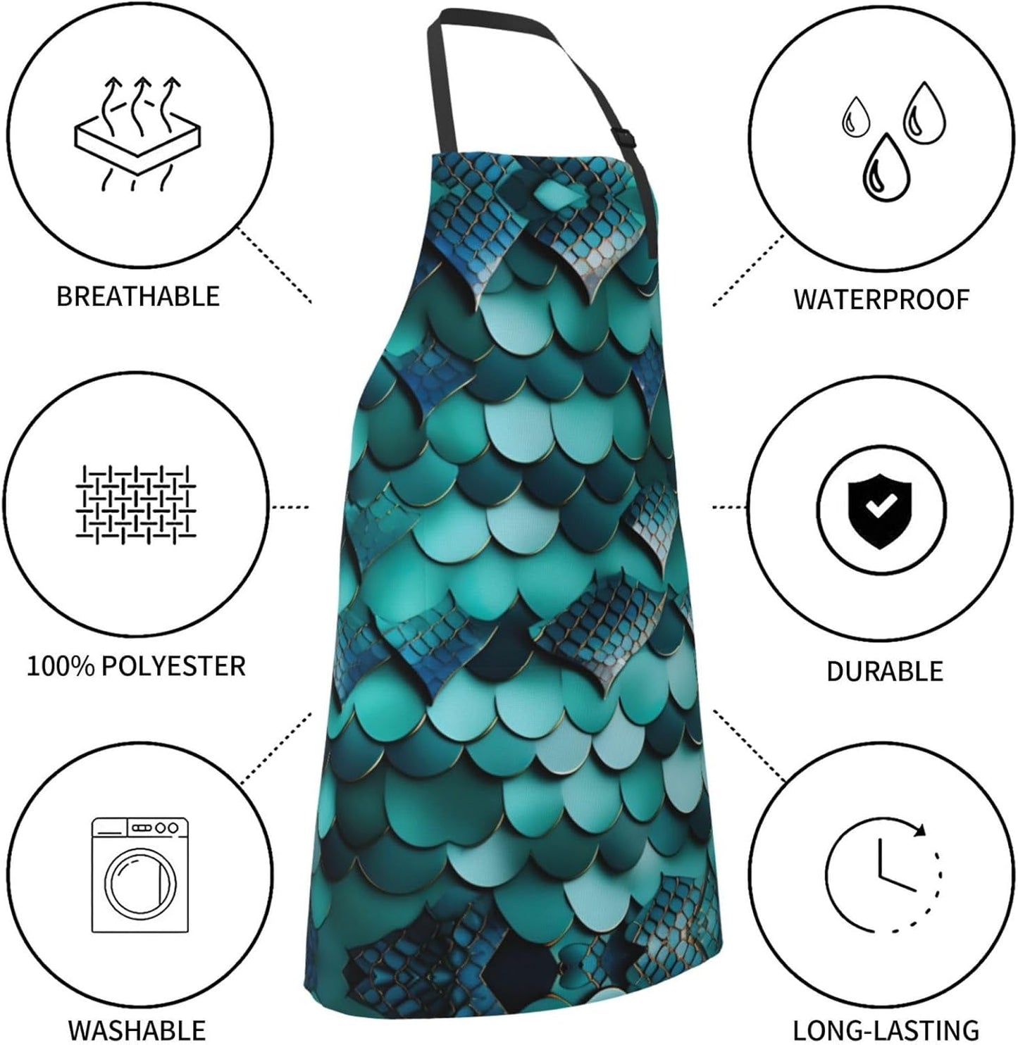 Mermaid fish scale print print Waterproof chef's apron with pocket apron for kitchen cooking baking barbecue and gardening