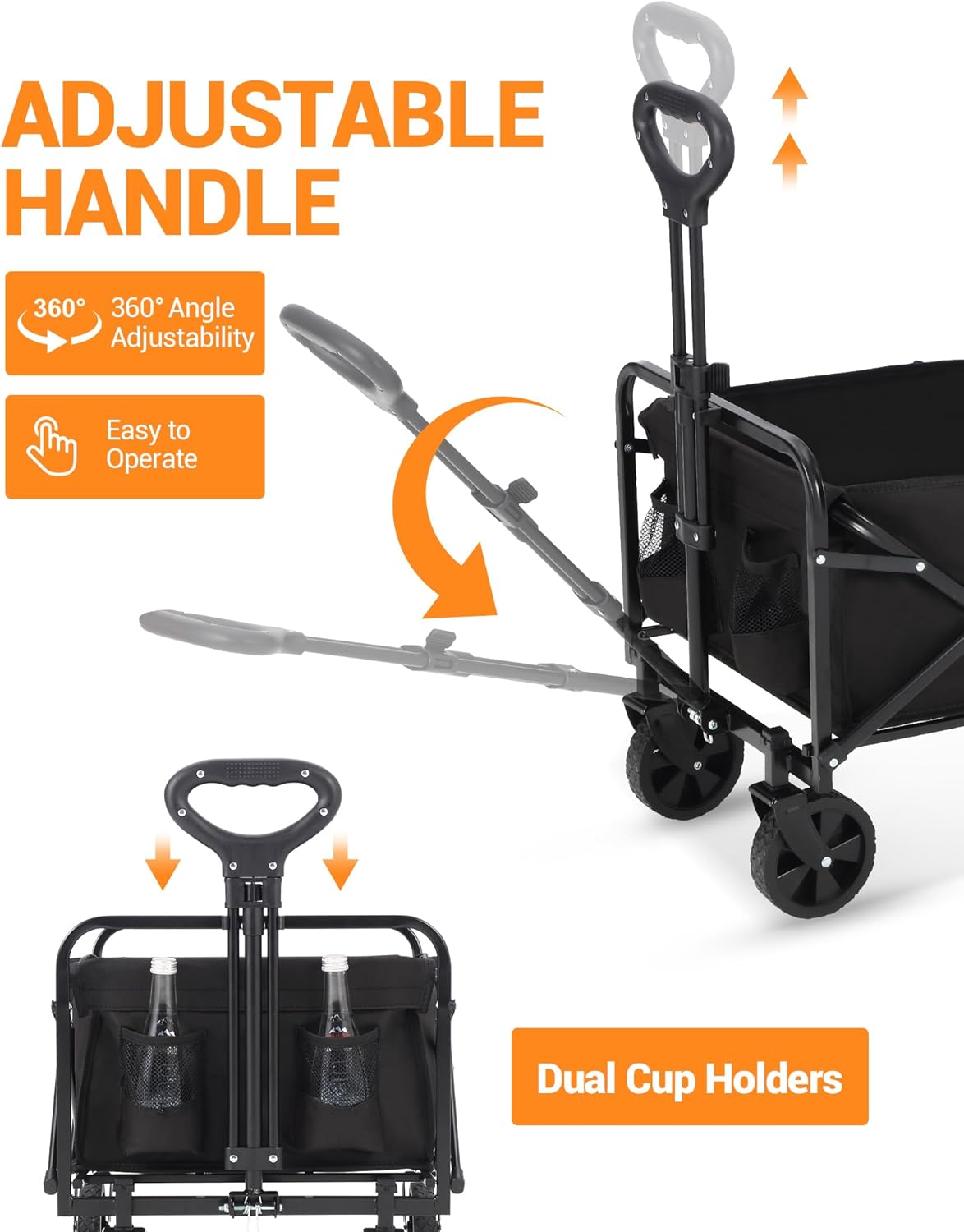 Wagon Cart Heavy-Duty 360LBS Foldable，All-Terrain Collapsible Utility Cart with 360° Wheels & Drink Holders for Beach, Camping, Gardening, Grocery (Black)
