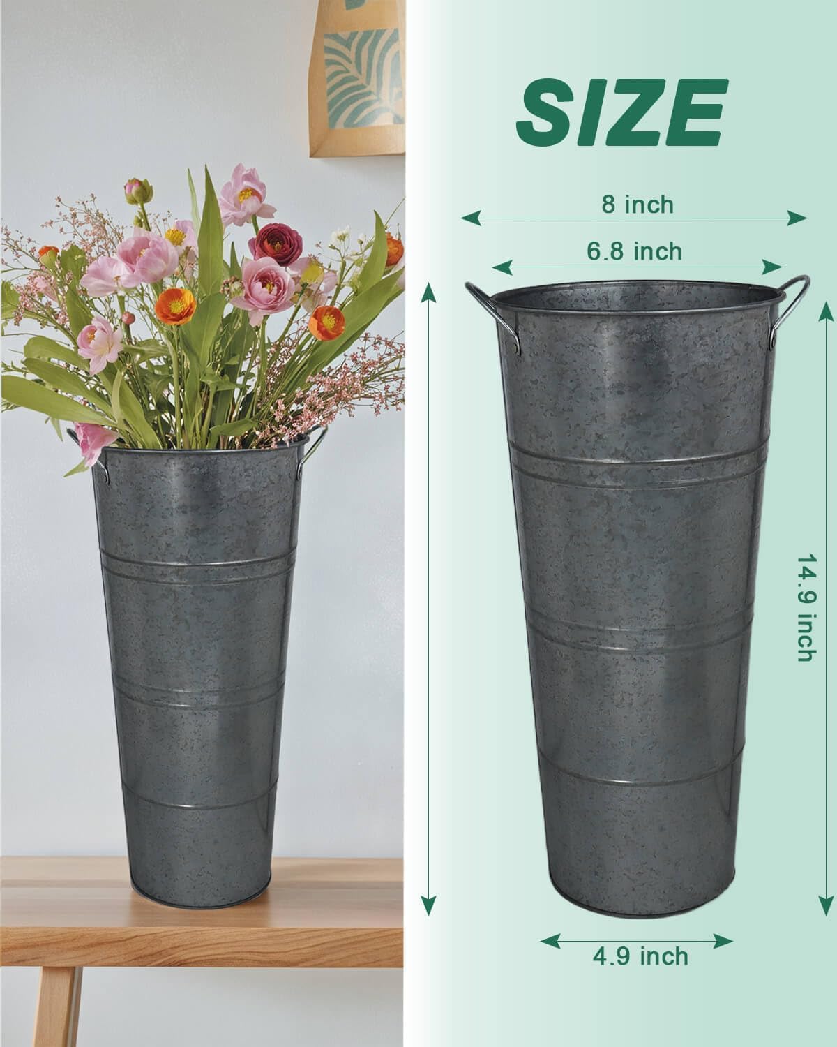 vensovo Metal Flower Bucket Vase, 15 Inch Tall Transparent Black Rustic Farmhouse Centerpiece for Spring Home Decor & Wedding, Set of 2