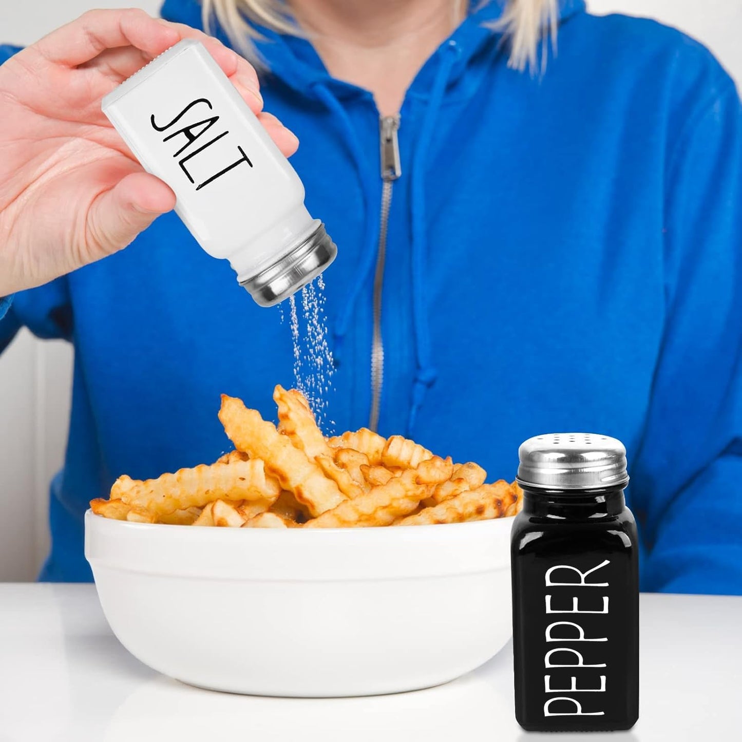 2 Pack Salt and Pepper Shakers Set, Glass Shaker with Stainless Steel Lid, Modern and Cute Farmhouse (Black and White)