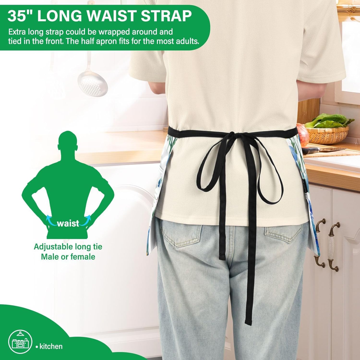 Server Apron with 3 Pockets Waist Apron Waterproof Half Cleaning Work 