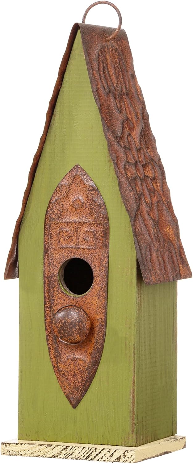 Glitzhome Vintage Hanging Birdhouse - Green Distressed Solid Wood Weatherproof Cottage Bird Shelter & Rustic Decor for Garden/Patio - Ready-to-Hang (13.25")