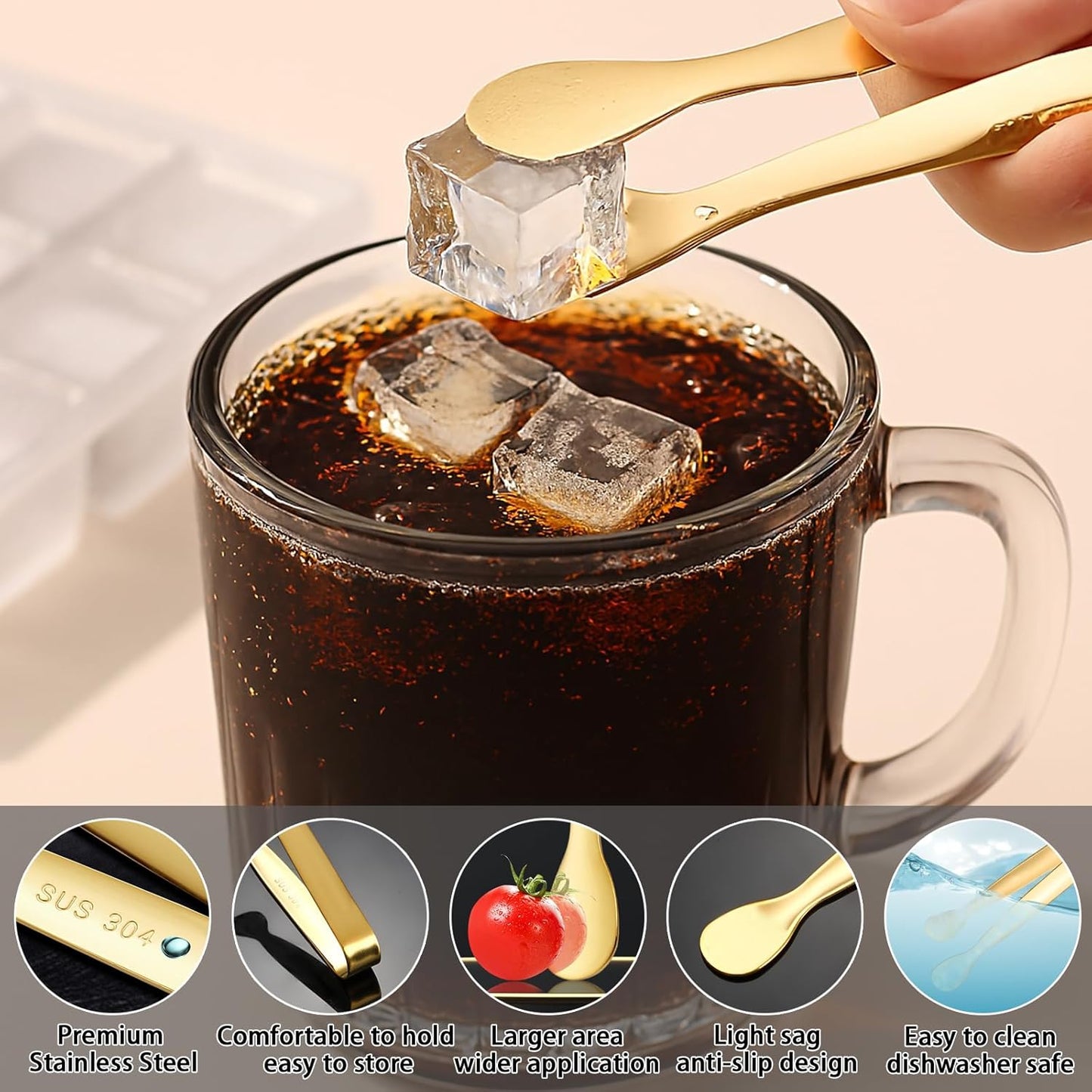 8PCS Gold Mini Metal Tongs, 4.3" Stainless Steel Tiny Tong, Small Kitchen Accessories for Serving Food, Ice, Sugar Cube, Salad, Toaster, Desserts