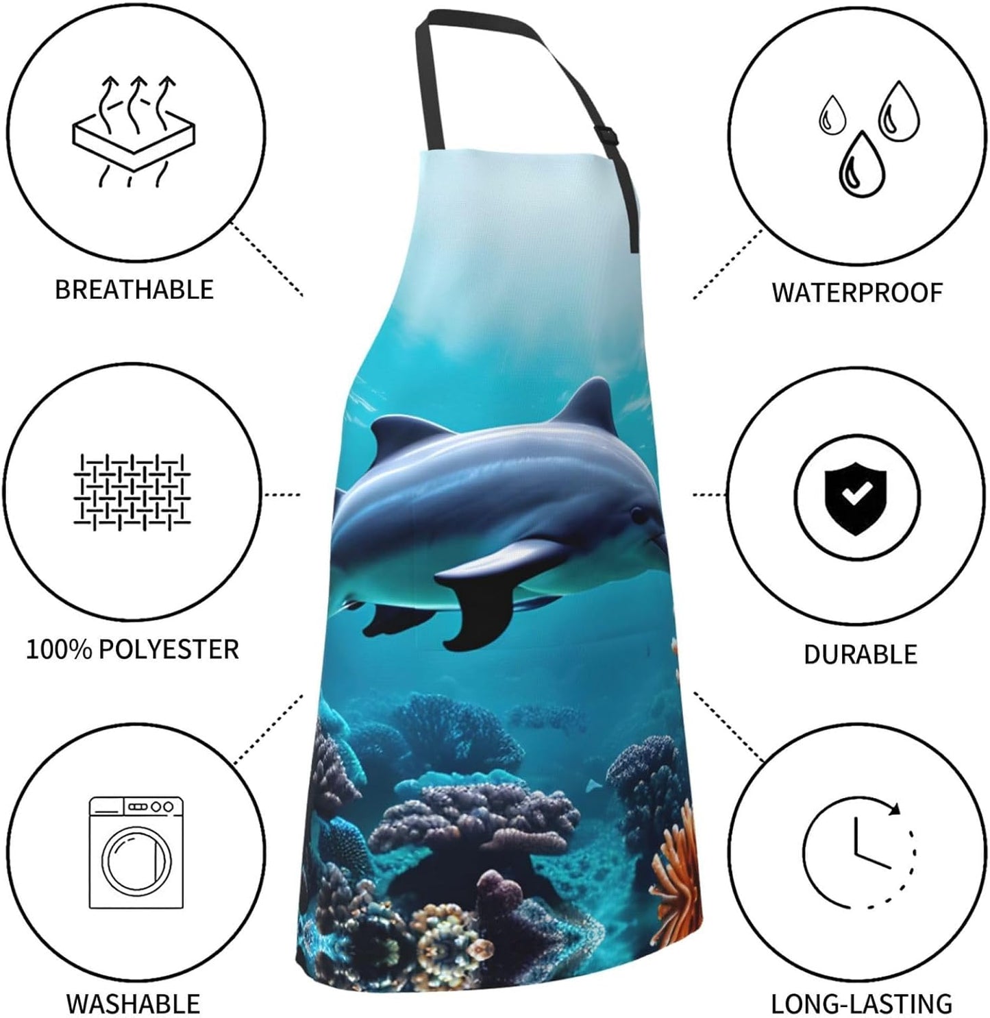 Beautiful Underwater World Dolphins Coral Print 28x33 In Adult Kitchen Apron with Pockets Versatile Chef Smock for Cooking Baking