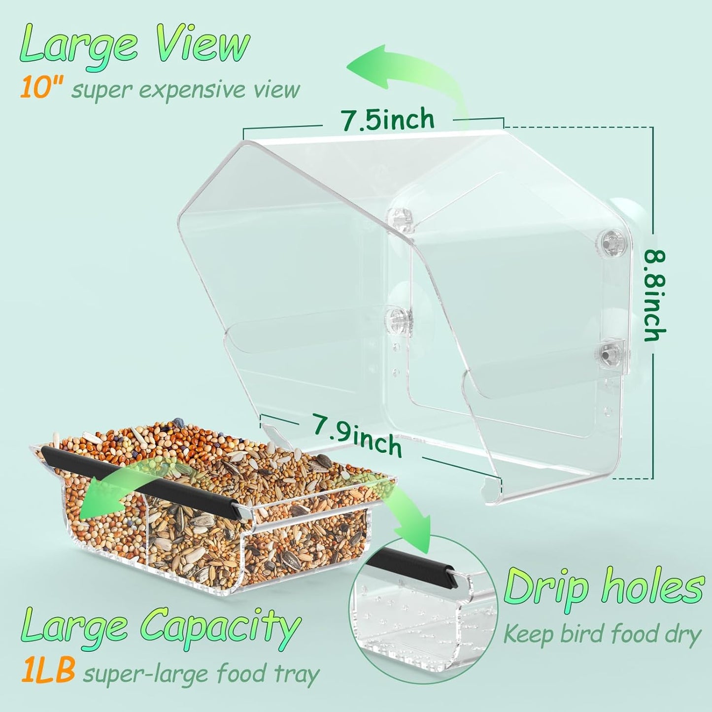 Ermete Window Bird Feeder with Strong Suction Cups, Large View Clear F