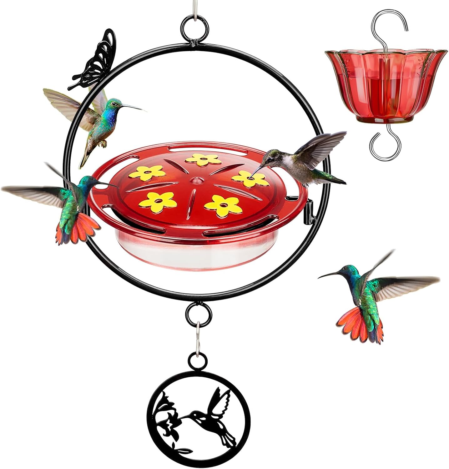 Kingsyard Upgraded Hummingbird Feeder Hanging, Large Capacity Nectar Tray Bee Proof Leakproof, Outdoor 5 Port Perch Metal Bracket Ant Moat Easy Clean Weather Resistant，Black Metal Frame