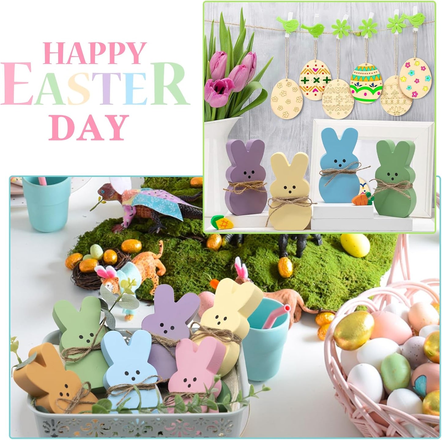 DAZONGE Easter Decorations - 6PCS Wooden Bunny Peeps Signs for Mantel Table Shelf Tiered Tray Decor - Easter/Spring Decorations for Home