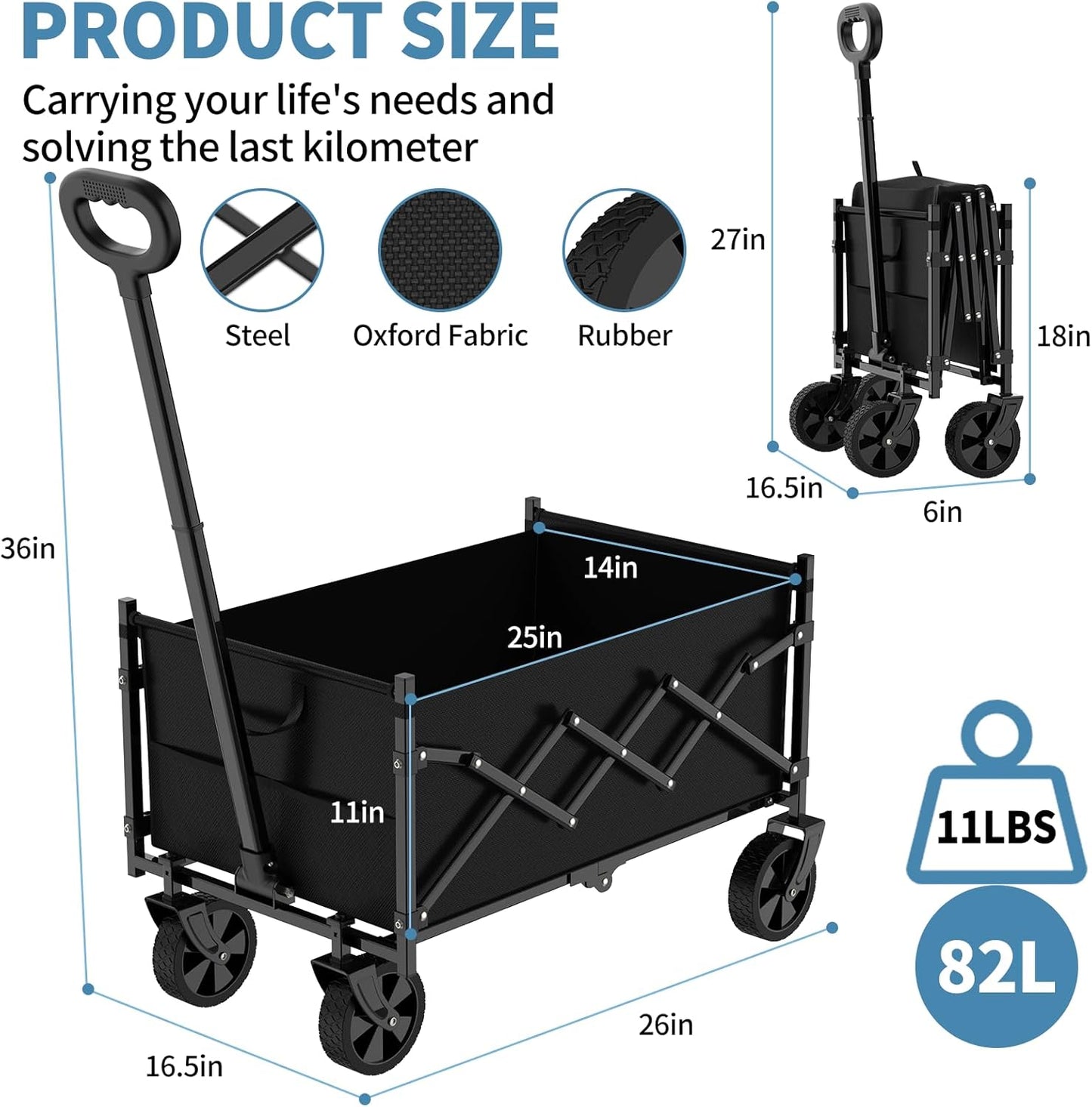 Collapsible Wagon Cart with 360lbs Weight Capacity, Lightweight Portab