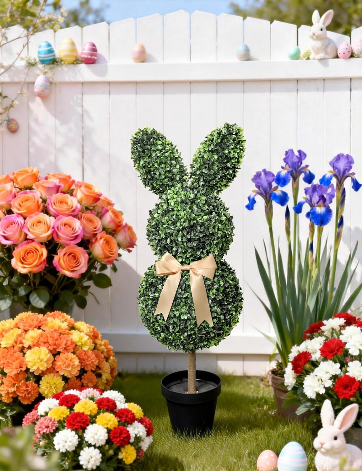 Artificial Bunny Shaped Topiary Tree with Bow, 2 Pcs Easter Rabbit Boxwood Topiaries Plant, 3 Ft Easter Decorations with Planter Pot, Spring Decor for Front Porch, Patio, Lawn, Backyard & Indoor Decor