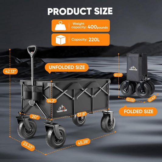 Beach Wagon with 10x3.5 Big Rubber Wheels for Sand, 400lbs Heavy Duty 