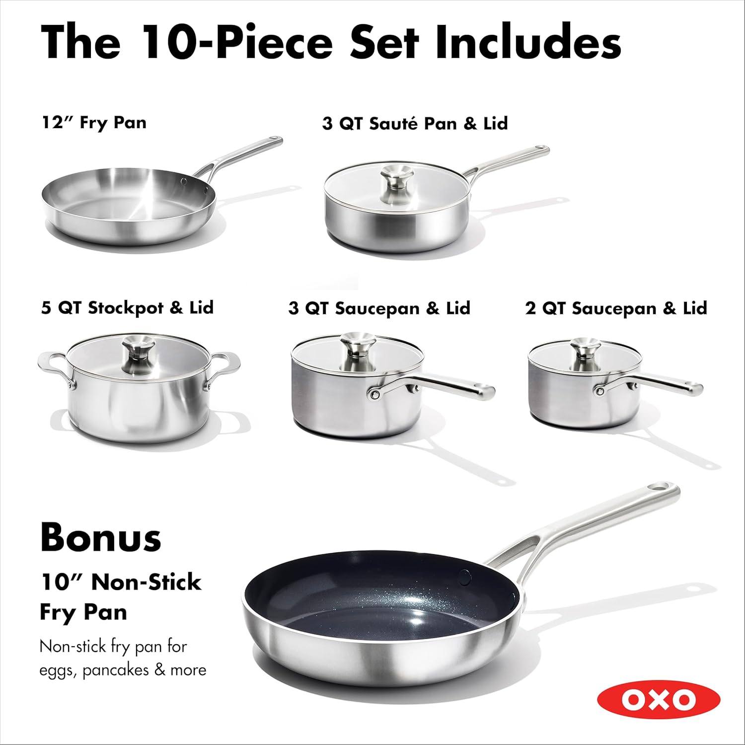 OXO Mira Tri-ply Stainless Steel, 10 Piece Cookware Pots and Pans Set,