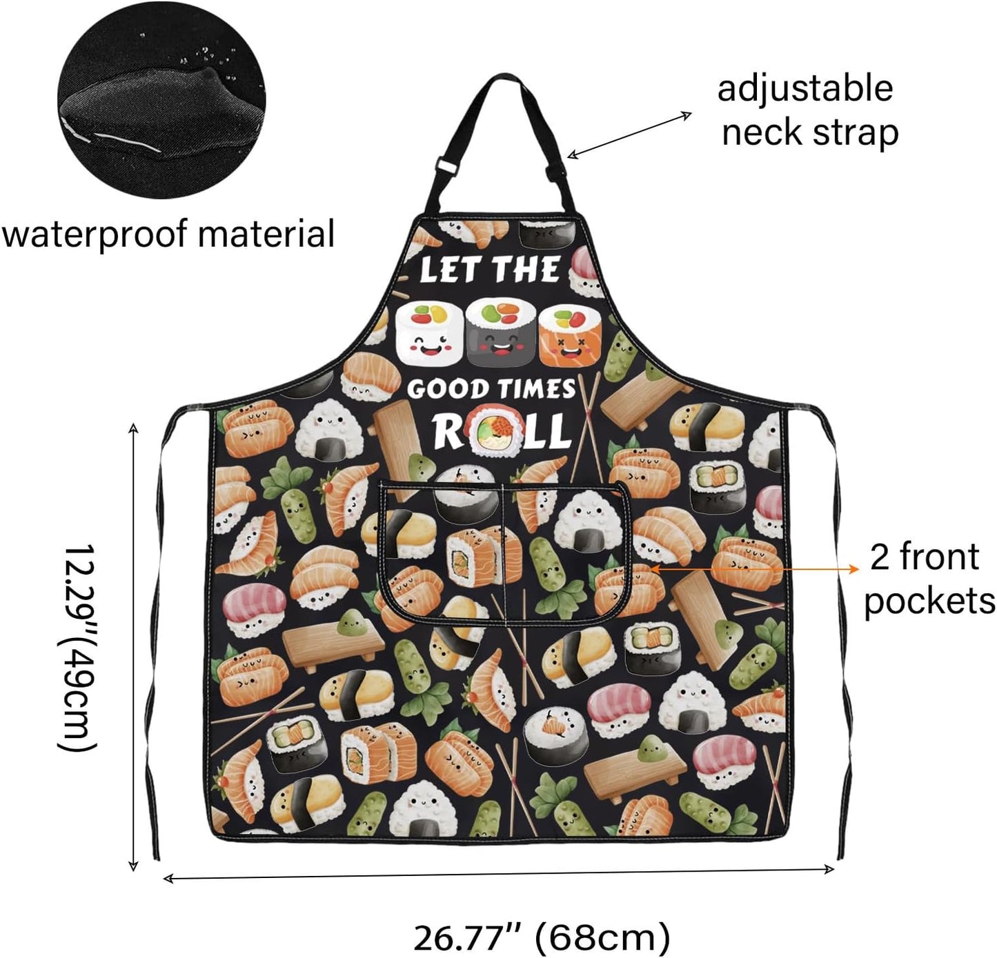WCGXKO Japanese Asian Food Themed Kitchen Apron Let the Good Times Roll Sushi Anime Kawaii Apron for Sushi Lover
