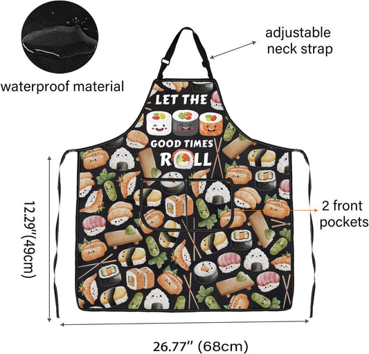 WCGXKO Japanese Asian Food Themed Kitchen Apron Let the Good Times Roll Sushi Anime Kawaii Apron for Sushi Lover