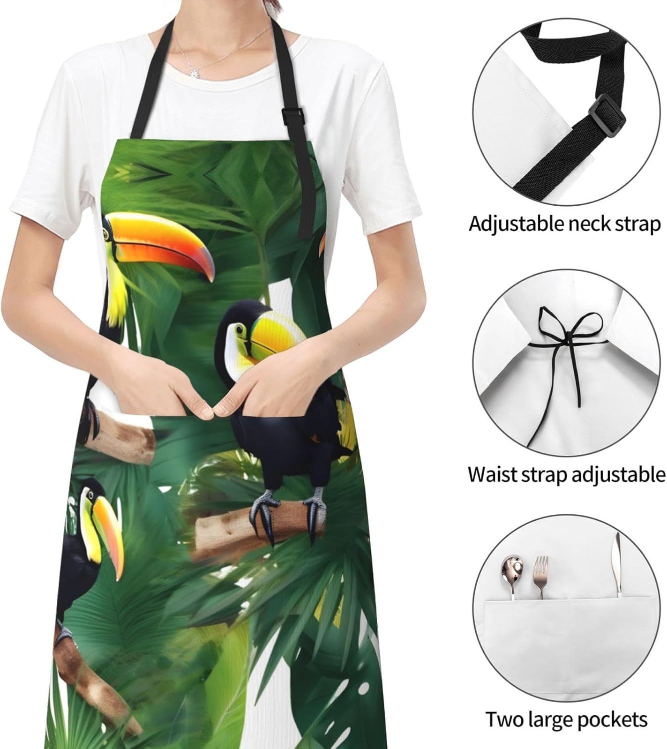 Toucans Parrot palm tree leaves Print Laundry apron 28x33 In Waterproof Kitchen Apron with Pockets for Cooking Baking