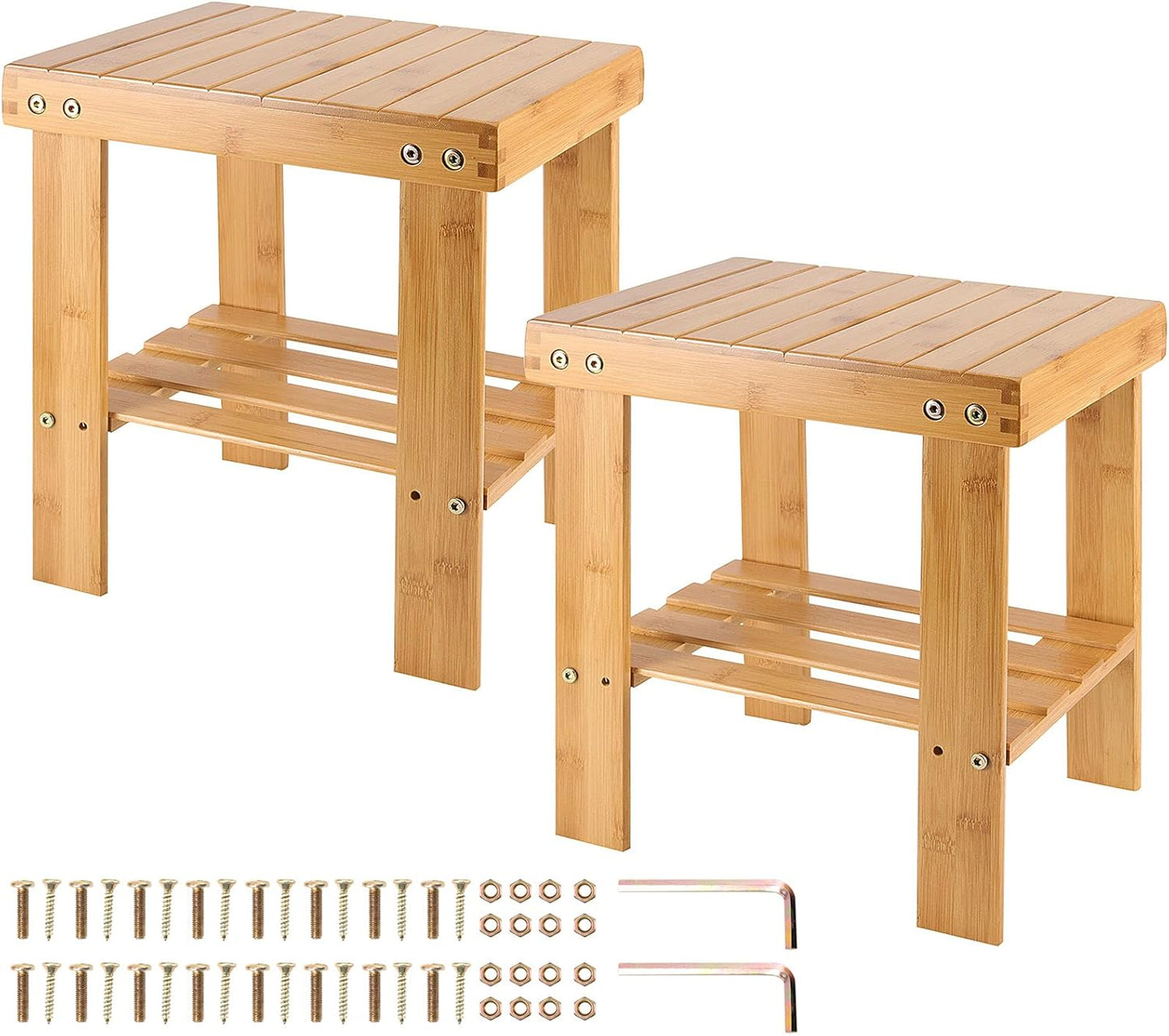 HOIGON 2 Pack 13 Inches Bamboo Step Stool, Bamboo Foot Stool with Storage Shelf, Non-Slip Stepping Stools for Home, Garden,Bathroom