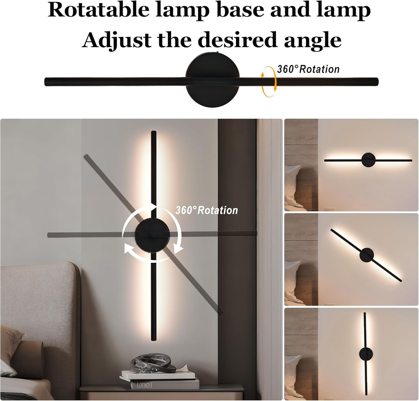 Black Battery Operated Wall Sconces Set of 2 360° Rotate Dimmable LED Wall Lamps 19.6 Inch Wireless Rechargeable Wall Lights with Remote Control