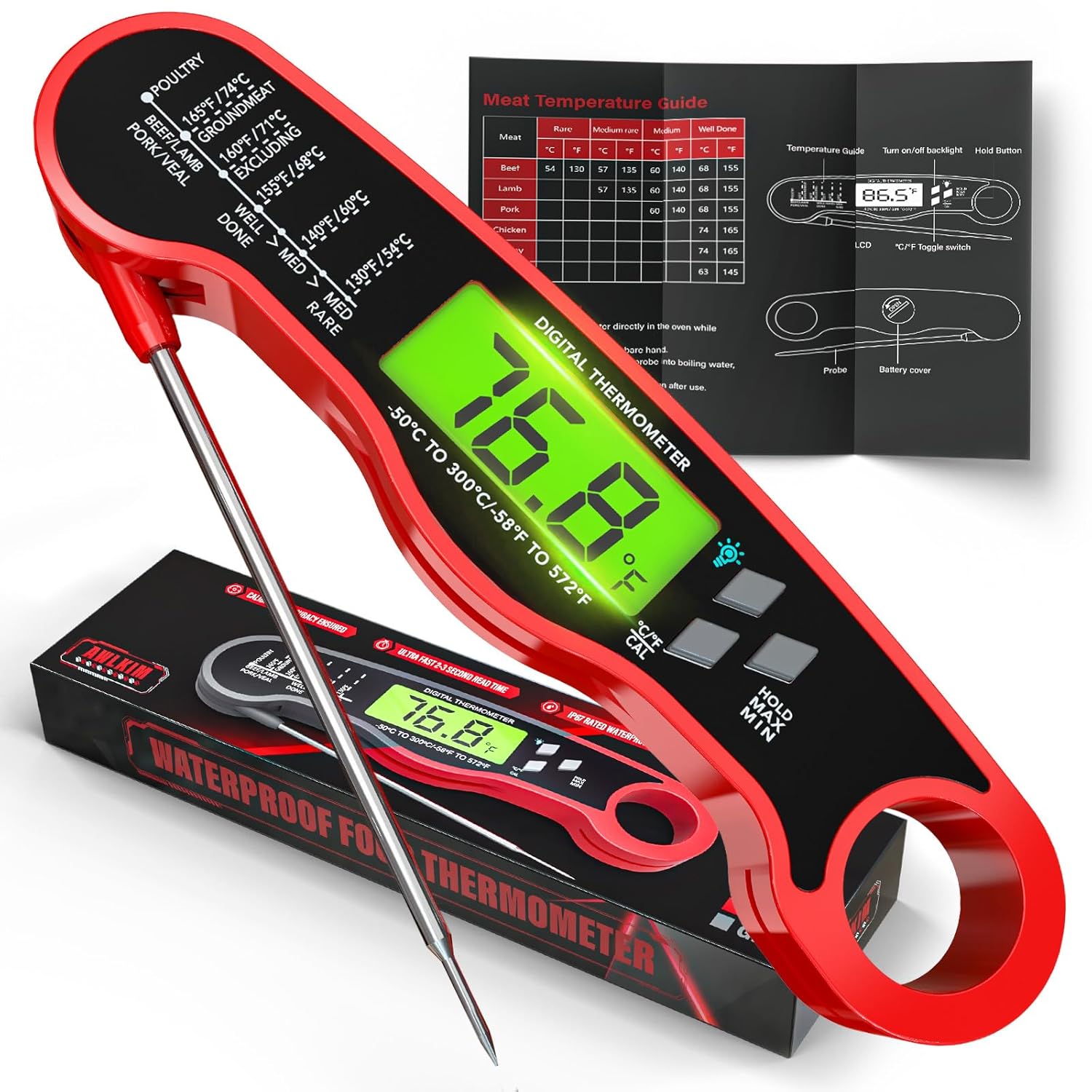 Meat Thermometer Digital - Instant Read Waterproof Food Thermometer wi