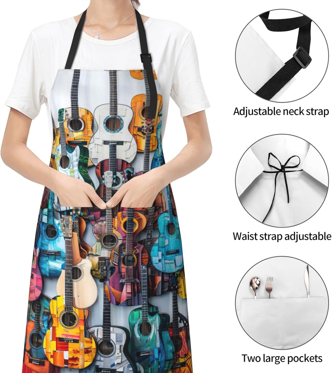 Color Acoustic and Guitars print Waterproof chef's apron with pocket a