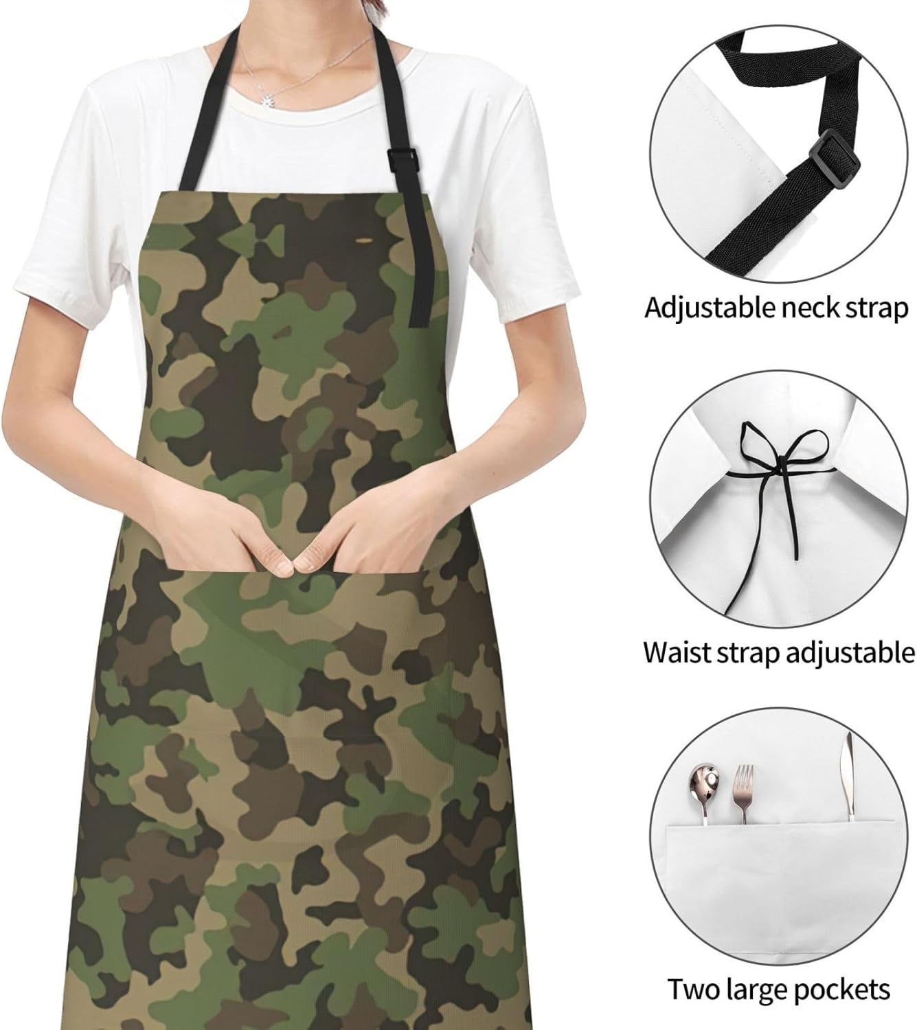 Green camo print Waterproof apron with pocket adjustable cooking apron for adult kitchen bibs to bake