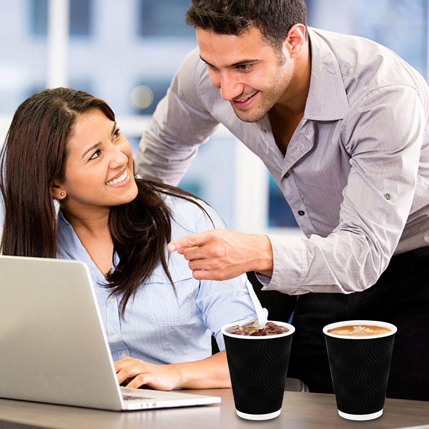 Lamosi Disposable Coffee Cups 12 oz 100 Pack, Paper Coffee Cups 12 oz for Hot Drinks or Cold Beverages, Insulated Corrugated Ripple Wall Cup for Office, Cafe, Home or Travel (Black)