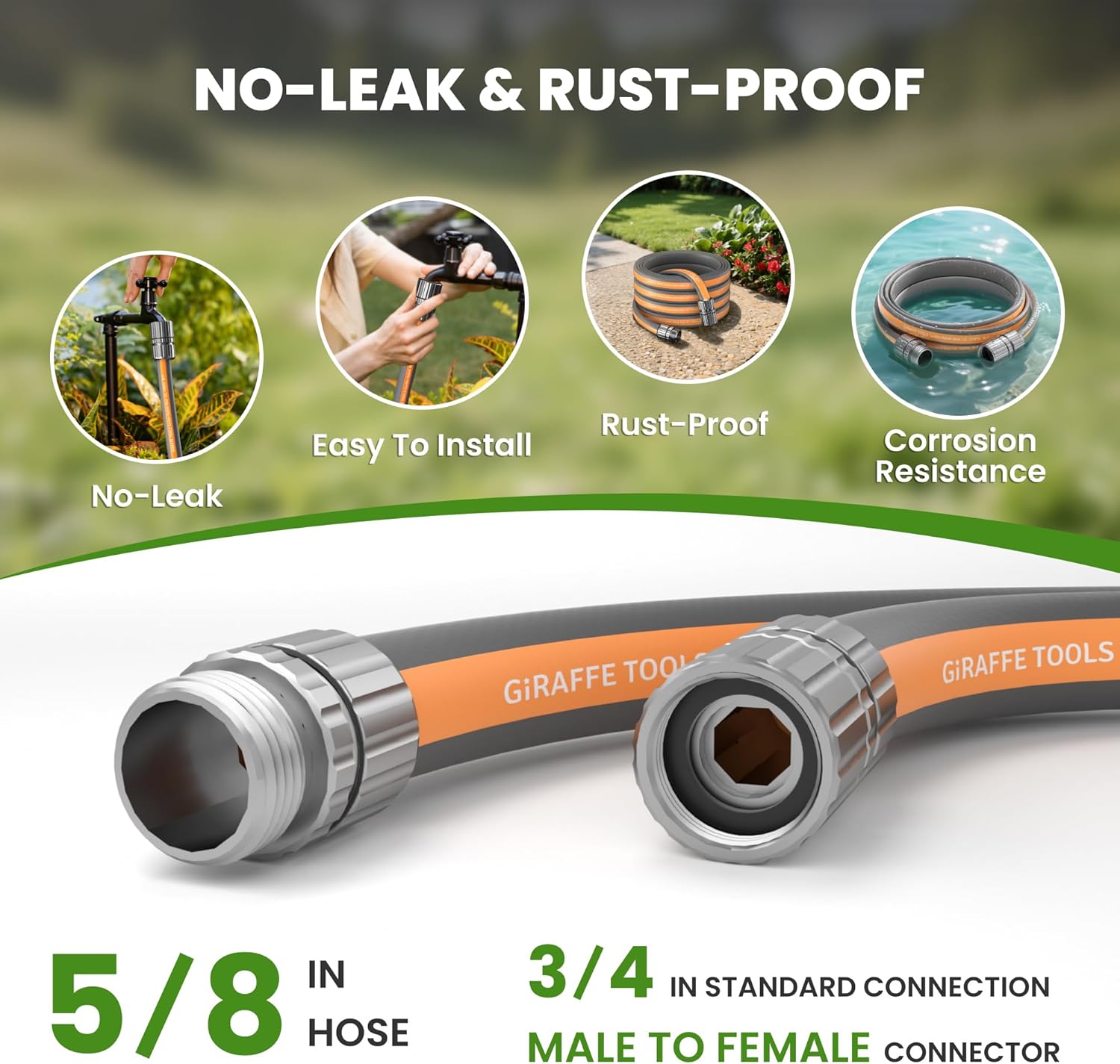 Giraffe Tools Garden Hose 50FT, 5/8" Lightweight Lay Flat Water Hose, 