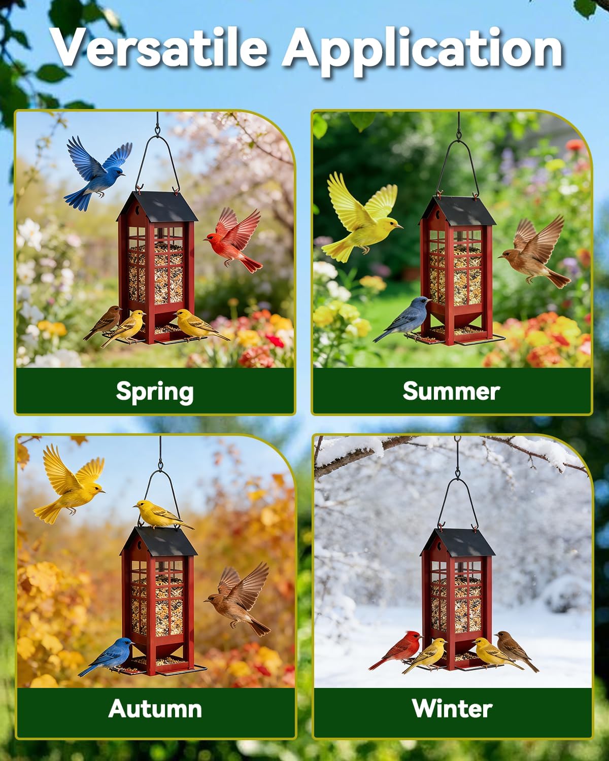 Hanging Bird Feeder for Outdoors, Metal Bird Seed Feeder with Roof, Large Capacity Wild Bird Feeder for Garden Yard Patio, Squirrel Resistant Easy Refill Bird Feeder