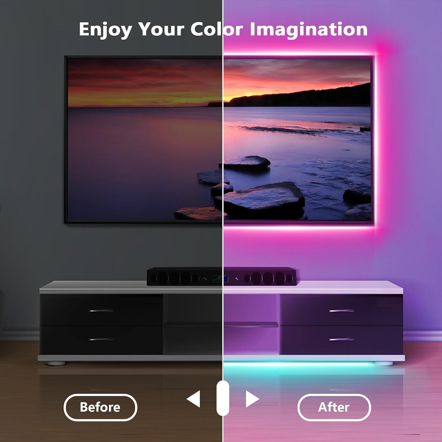 Led Lights for Bedroom 50ft (1 Roll), Color Changing RGB Led Strip Lights with 60 Keys Remote and App Control, Music Sync Led Lights for Room Kitchen Party Home Decor