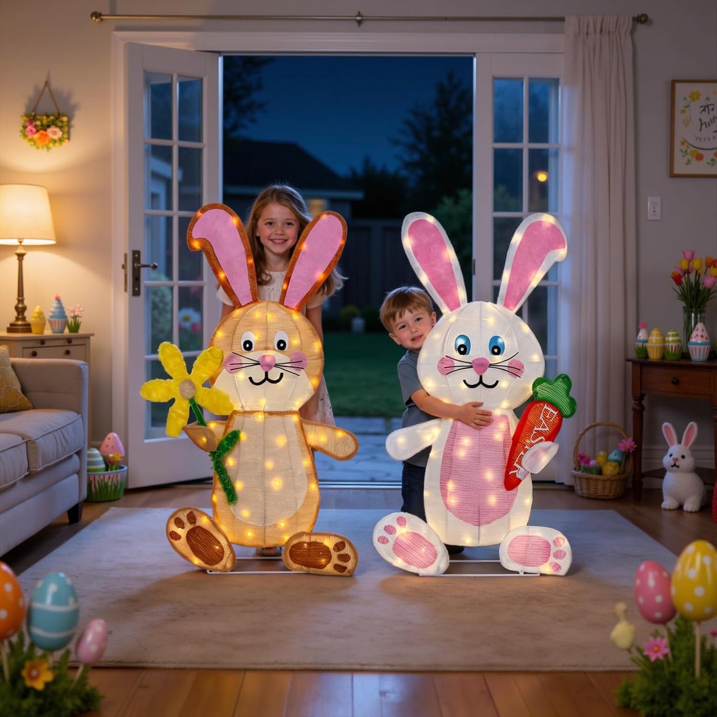 Easter Decorations Outdoor Yard Decor, Set of 2 Lighted Bunny Ornament for Porch Lawn Patio Garden, 120 LED Lights, 35 Inch, Rabbit Gifts for Women Mom, with Carrot & Blossom