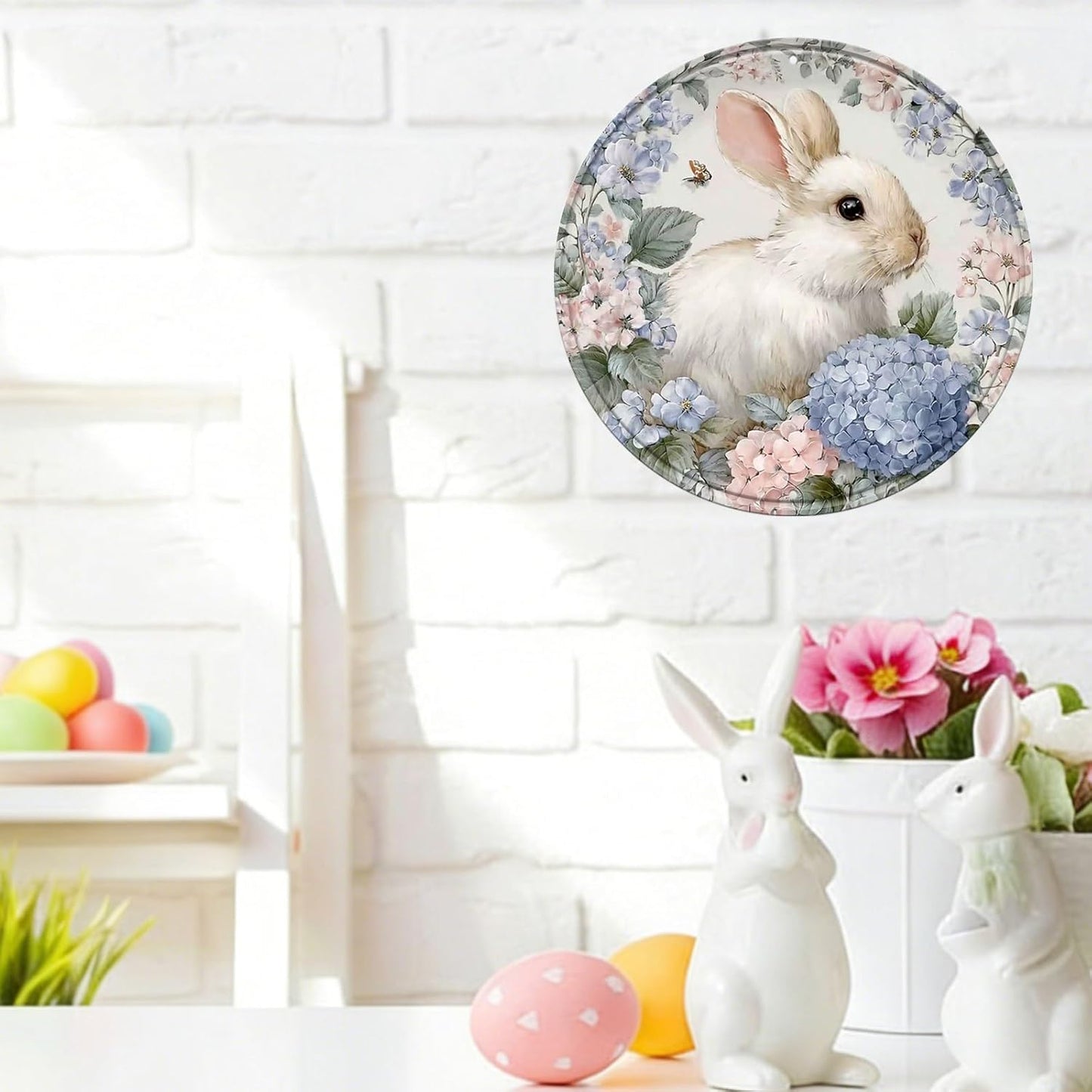 Easter Rabbit Round Metal Tin Sign Wreath Vintage Wall Decor for Home 