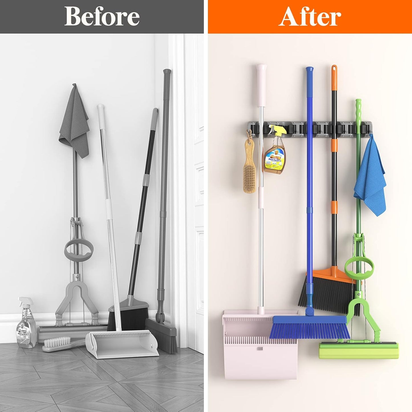 Lifewit Mop and Broom Holder Wall Mount, Anti-Slip Broom Hanger for Cleaning Supplies Organizer, Easy Install Tool Hanging Rack for Closet, Kitchen, Garage, 5 Slot 6 Hooks, Hold 30lbs, Gray, 2 Pack