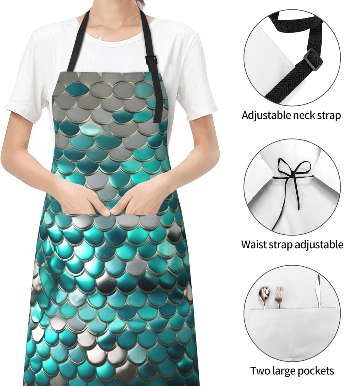 Mermaid Scale Print 28x33 In Adult Kitchen Apron with Pockets Versatile Chef Smock for Cooking Baking