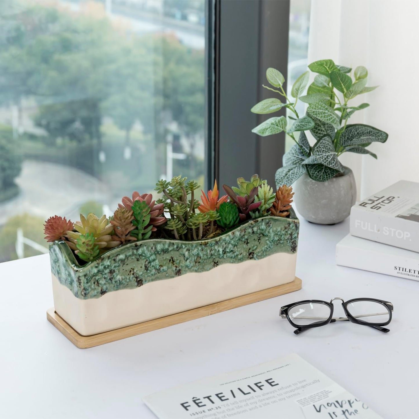 MyGift 13 Inch Large Rectangular Succulent Planter, Decorative Seafoam