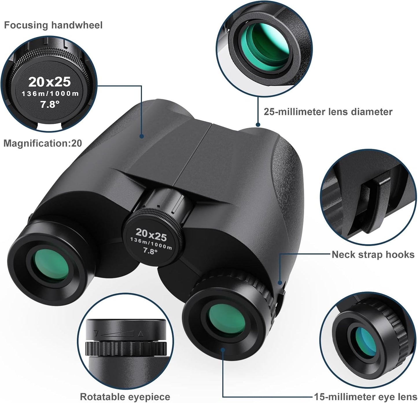 Binoculars for Adults and Kids, 20x25 Compact High Power Binoculars with Low Light Vision for Bird Watching, Large Eyepiece Waterproof Outdoor Hunting, Travel, Sightseeing