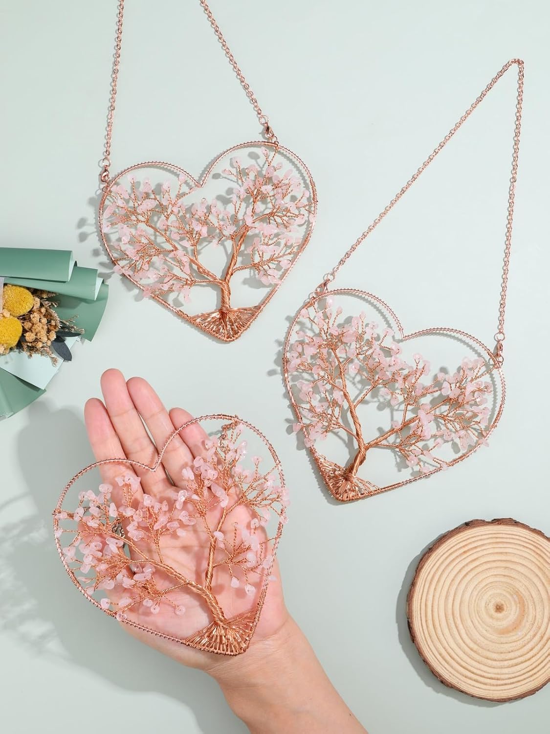 MANIFO Rose Quartz Crystal Tree Life Hanging Ornament Heart Healing Cr
