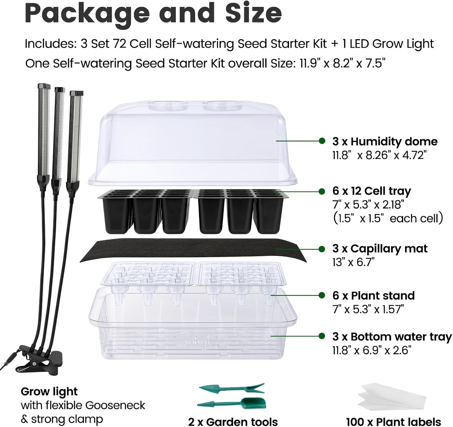 SOLIGT 72 Cell Self Watering Seed Starter Trays with Grow Light, 3 See