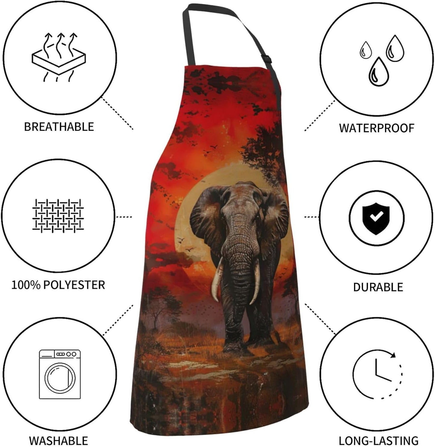 Elephant Sunset print Waterproof chef's apron with pocket apron for kitchen cooking baking barbecue and gardening