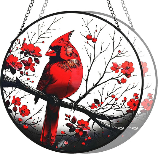 Red Cardinal Garden Suncatchers Outdoor, Cardinal on Branch Stained Gl