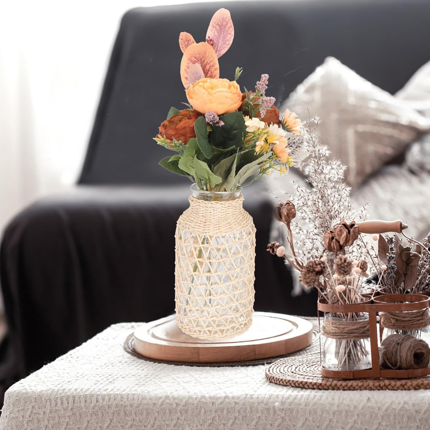Milisten Creative Rattan Flower Vase Small Triangle Shape Indonesian White Vine Glass Plants Container Decorative Planter Pot for Living Room Boho Home Décor
