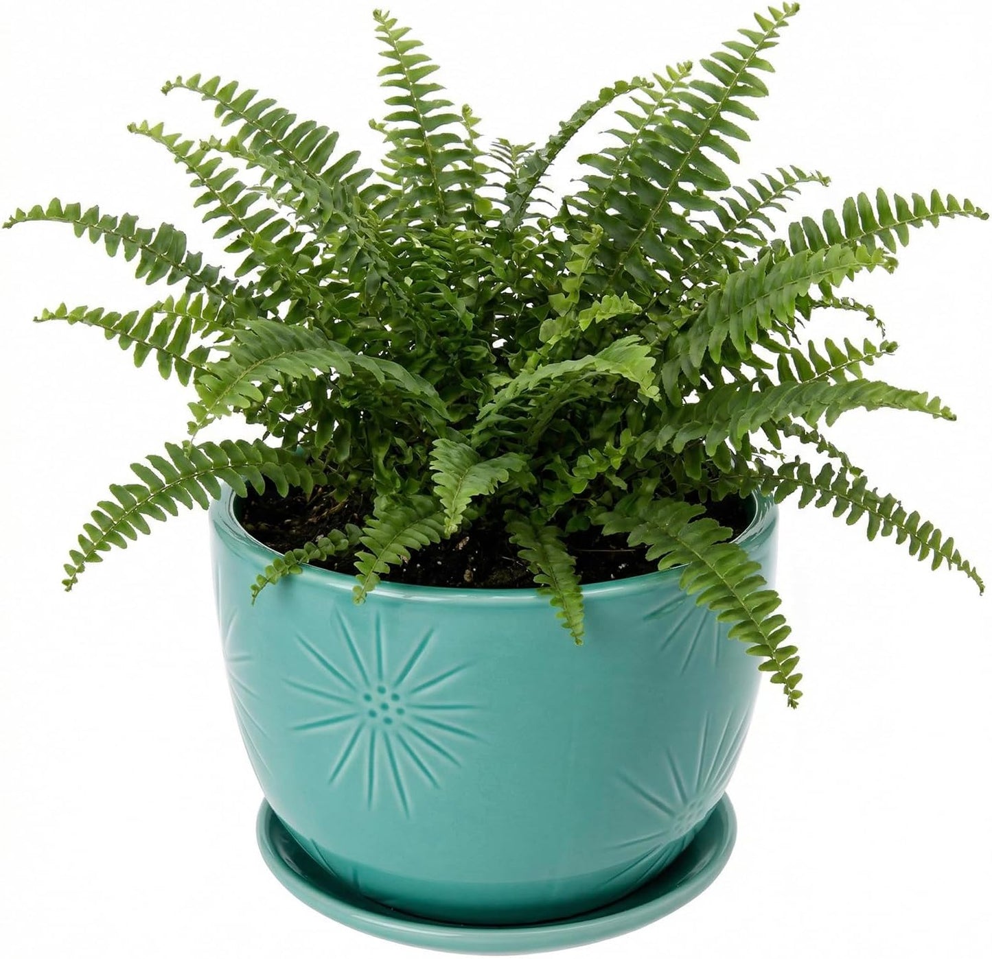 MyGift 7 Inch Round Turquoise Ceramic Plant Pot with Drainage Hole and