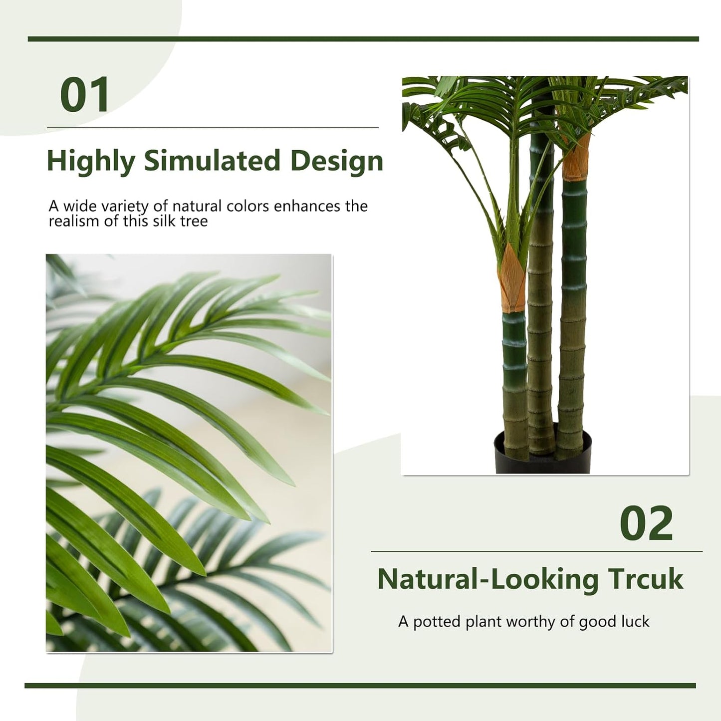 5FT Tall Golden Cane Artificial Palm Tree, Large Faux Palm Tree with 3 Textured Trunks, Outdoor Artificial Plants, Fake Tree for Indoor Office Living Room Outside Patio.