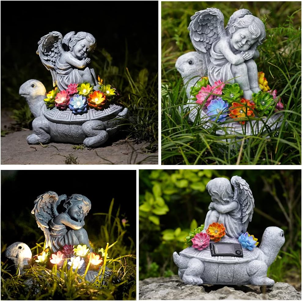 Solar Angel Turtle Garden Statue - IP65 Waterproof Outdoor Decor with 7 LED Lights - Heartwarming Memorial Gifts for Mom, Grandma - Resin Figurine for Patio & Yard