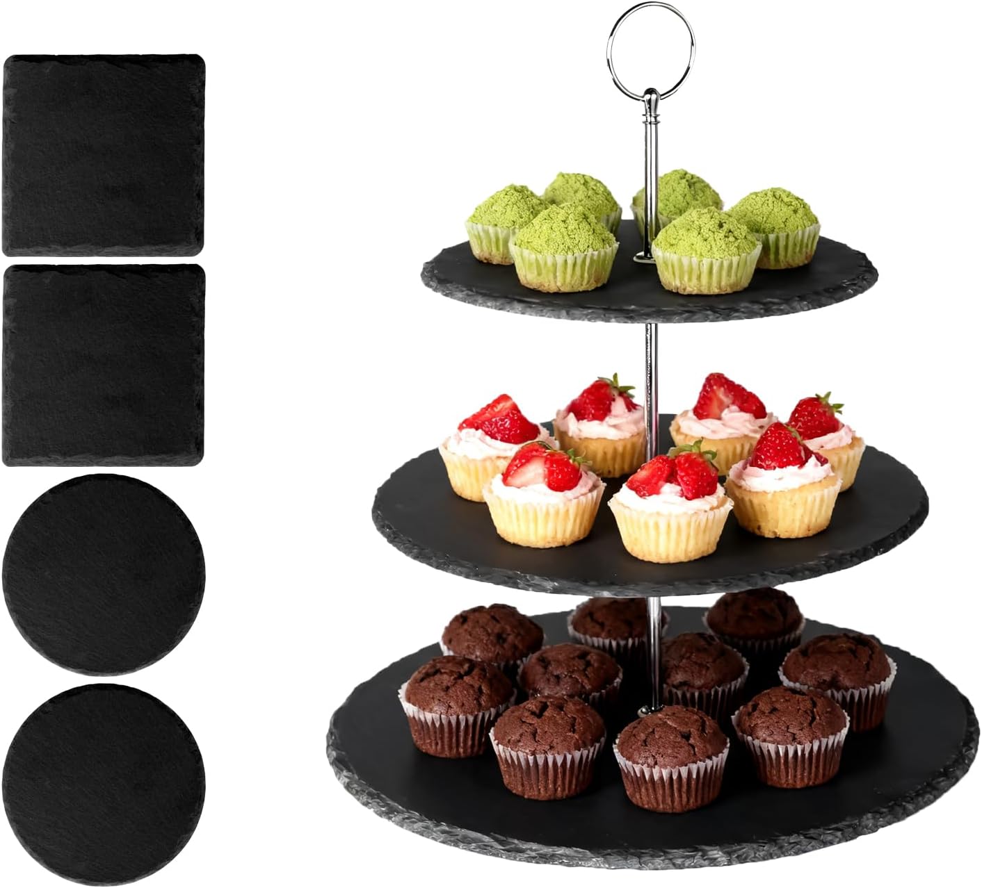Cupcake Stand Set,3 Tier Dessert Table Display Set with Metal Rod & Slate Coasters Set of 4 for Theme Party, Wedding, Tea Party, Birthday, Black