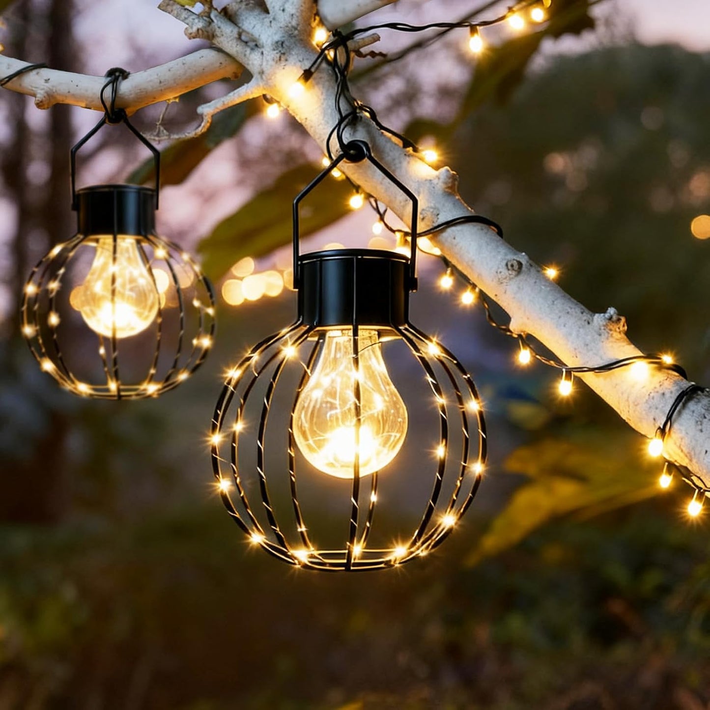 Hanging Solar Chandelier Lights, 8.19" Large Solar Pendant Lights Outdoor Waterproof with Warm White Bulb&String LED Inside, Decor for Patio, Garden, Yard, Pergola, Christmas, Camping, 2 Pack Gift Set