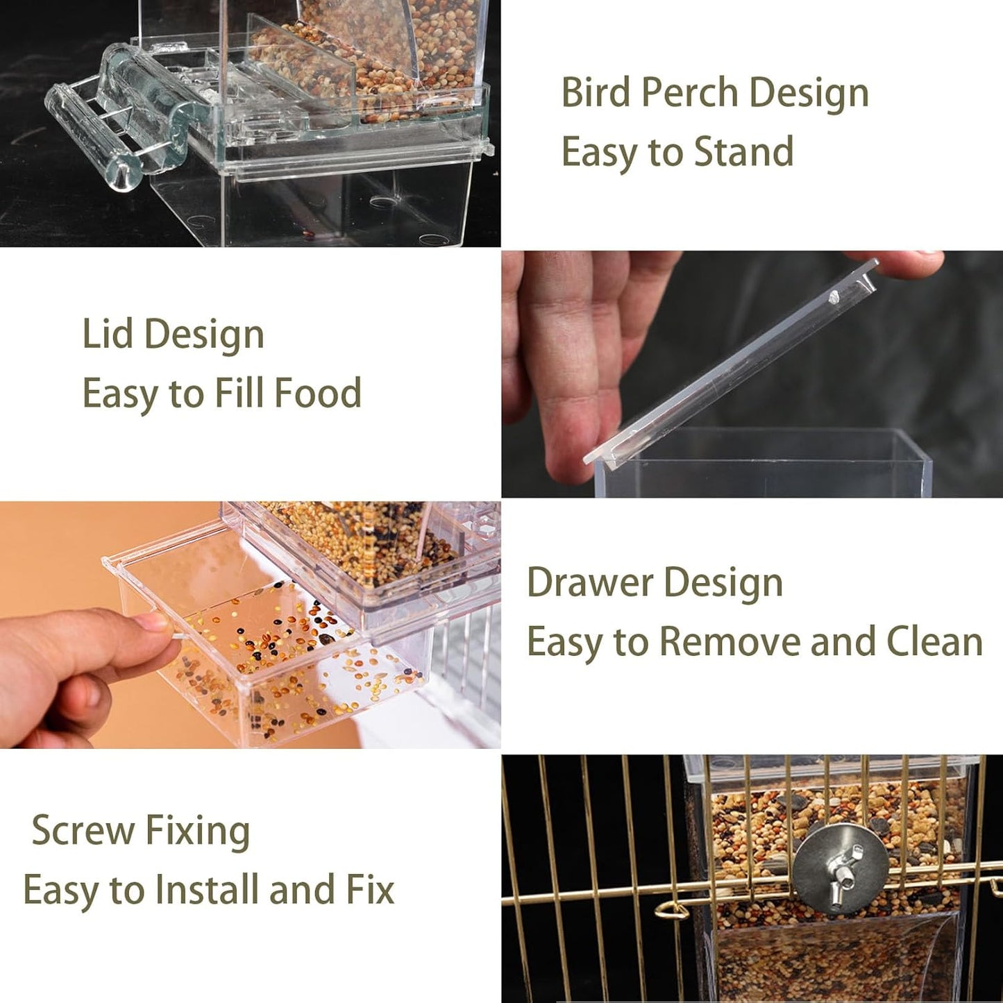 No Mess Bird Feeder for Cage, Automatic No-Spill Transparent Parrot Fe