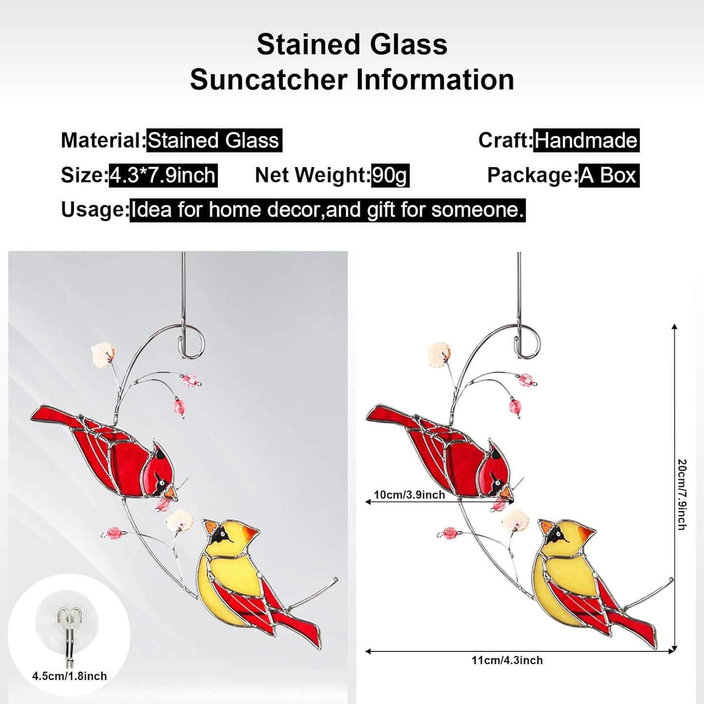 Stained Glass Cardinal Suncatchers for Women Gifts,Male & Female Cardinal Sun Catcher Stained Glass for Window Hangings,Red Birds Sun Catchers for Christmas Dec, Rememberce Gifts for Bird Lovers