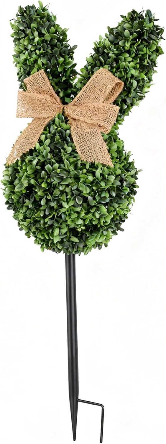 24 Inch Easter Bunny Topiary, Artificial Boxwood Rabbit Tree with Grou