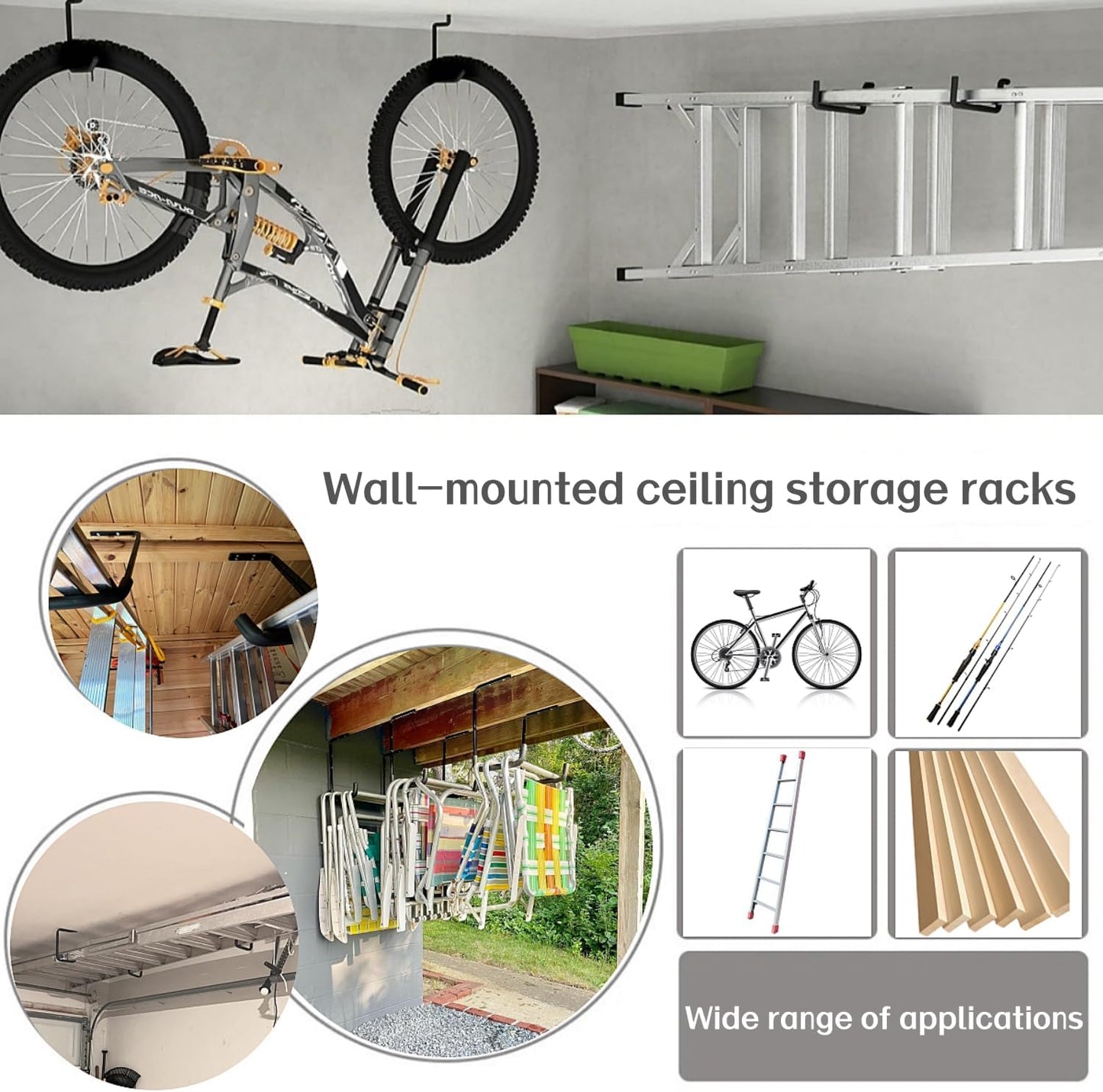 4pcs Ceiling Mounted Garage Hooks, Overhead Garage Storage Rack, Utility Ladder Hangers for Lumber Bike Tools (9.45 x 12.6 Inch)
