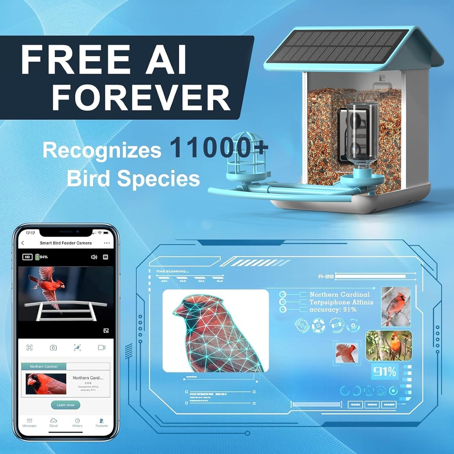 Bird Feeder with Camera, Free AI Forever for 11,000+ Species, 64G TF Card & 1080P HD, Solar-Powered Wireless Outdoor Design, App Alerts & Two-Way Audio for Garden (Sky Blue)