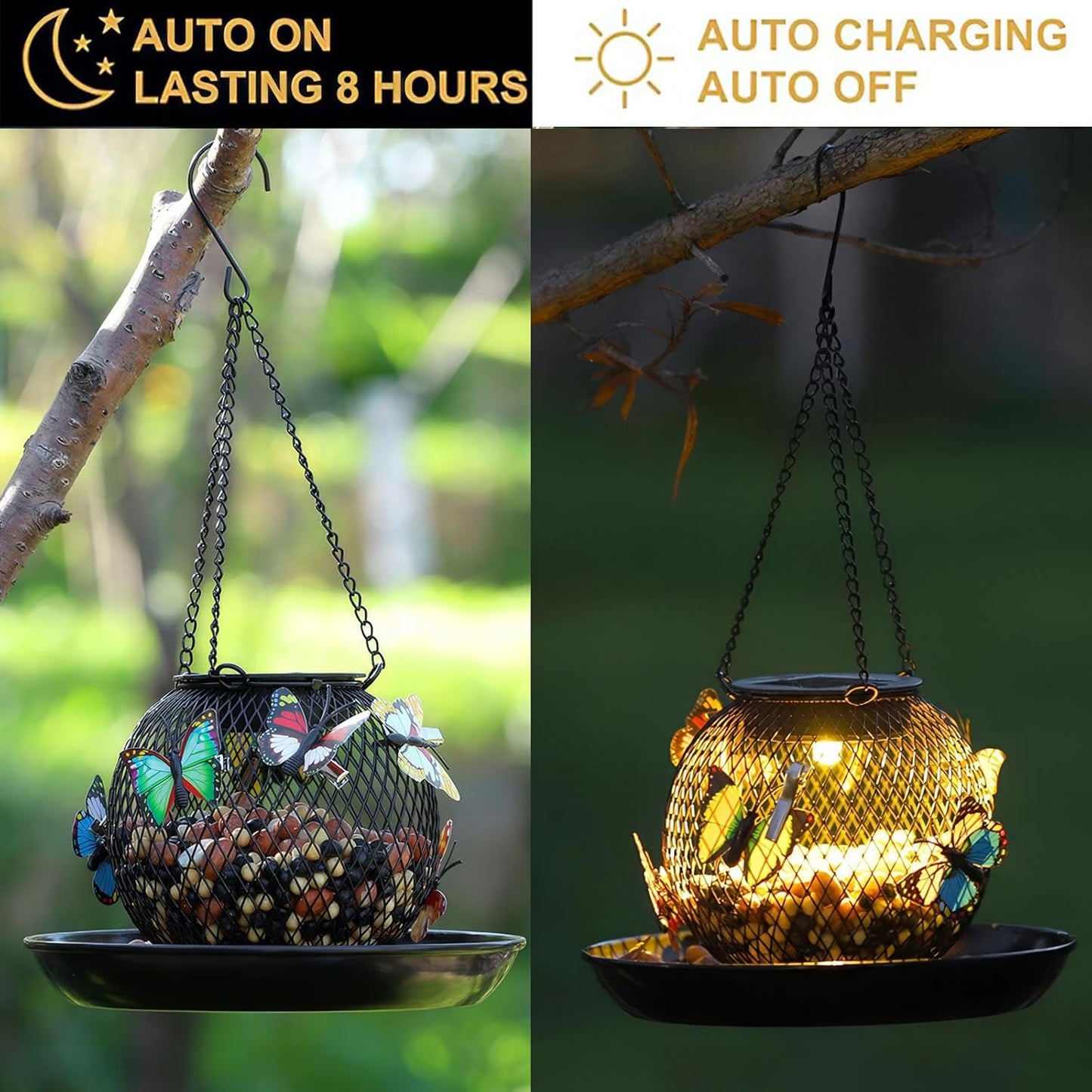 Bird Feeders for Outdoors Hanging, Outside Metal Wild Bird Feeder with Solar Light, Garden Decor for Yard/Patio -Birthday Gifts for Women Mom Grandma Bird Lovers